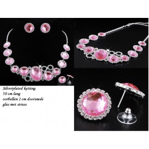 Ketting & Oorbellen roze strass